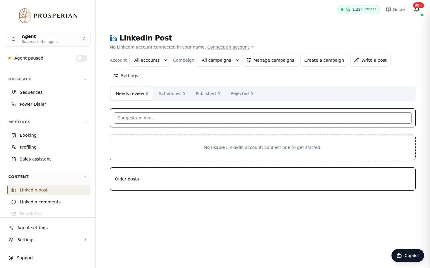 Step 1: In the Content section of the menu, open LinkedIn post. For a first campaign, click Create my campaign: pick the account that will publish, describe your offer and your goal. Afterwards, Create a campaign, Manage campaigns and Write a post are at the top of the screen.