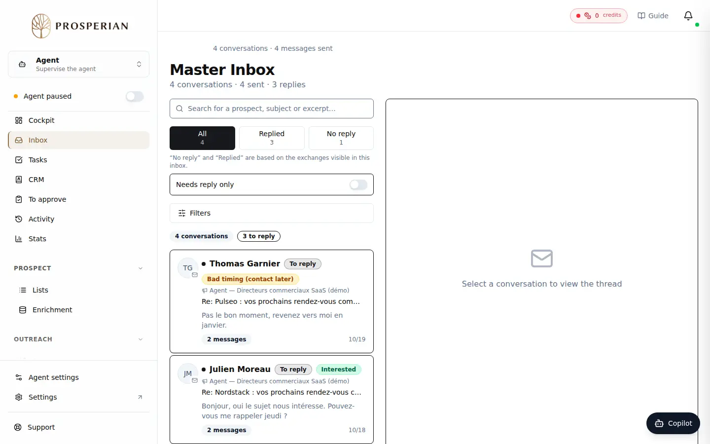 Step 1: In the agent menu, open Inbox. The list only shows conversations from your agent's campaigns.