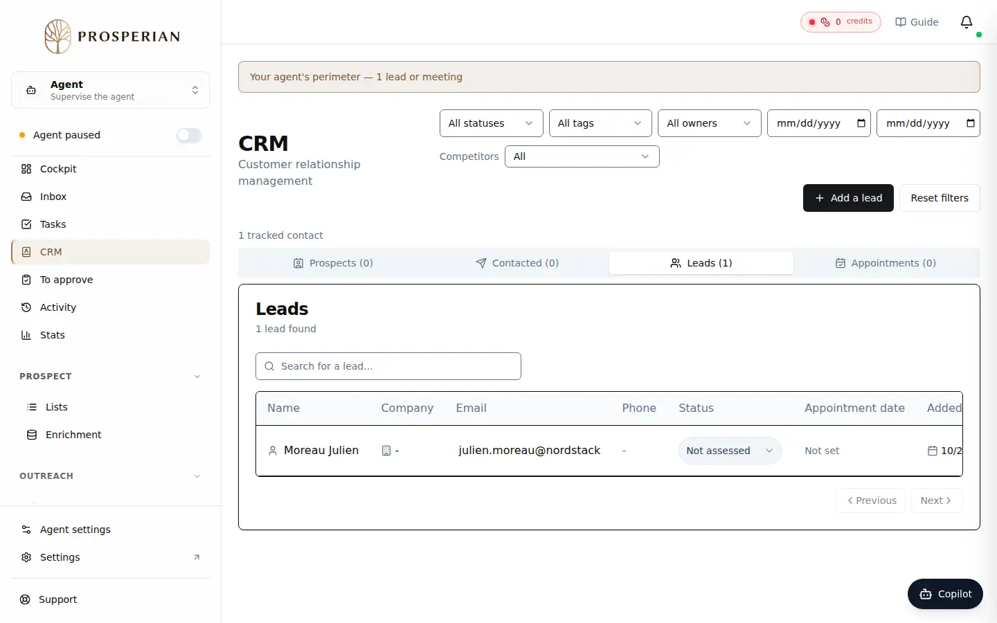 Step 1: In the agent menu, open CRM.