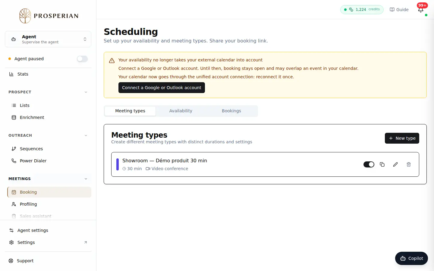 Step 1: In the Meetings section of the menu, open Booking. The Meeting types tab lists your meeting types.