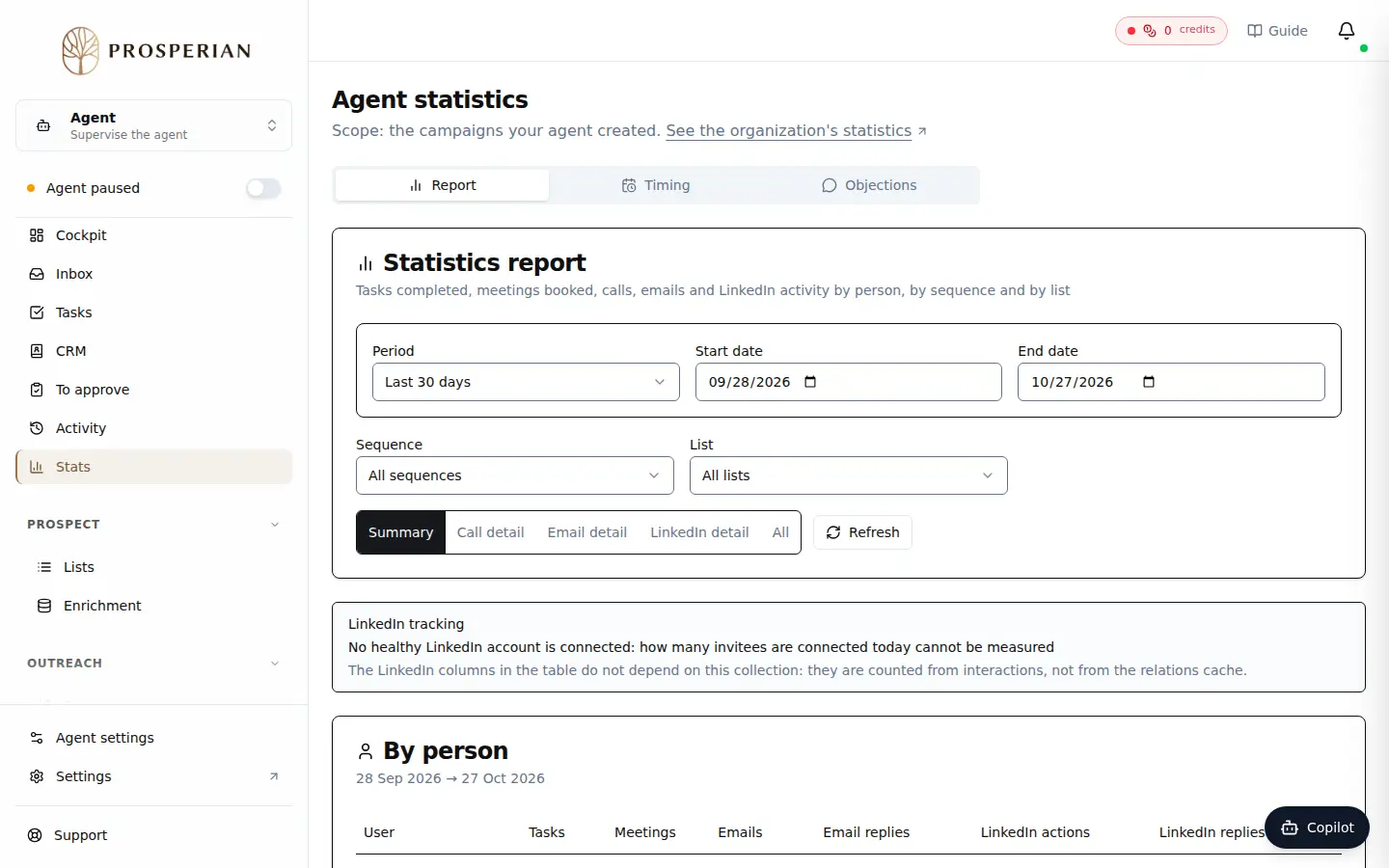 Step 1: In the agent menu, open Stats. The Agent statistics screen opens on the Report tab: tasks completed, meetings booked, calls, emails and LinkedIn activity, by person, by sequence and by list.