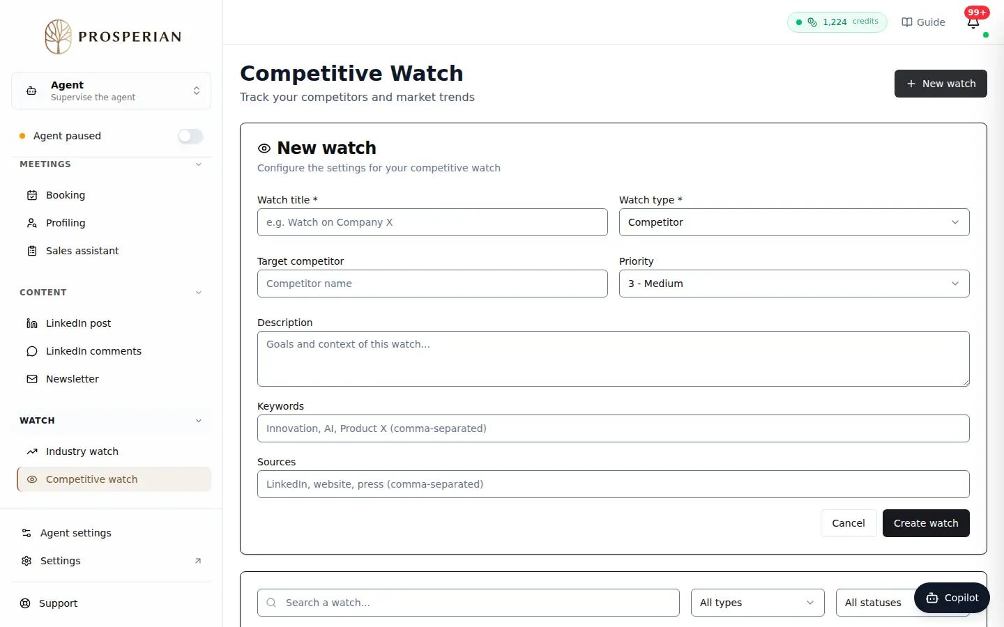 Step 1: In the Watch section of the menu, open Competitive watch and click New watch.