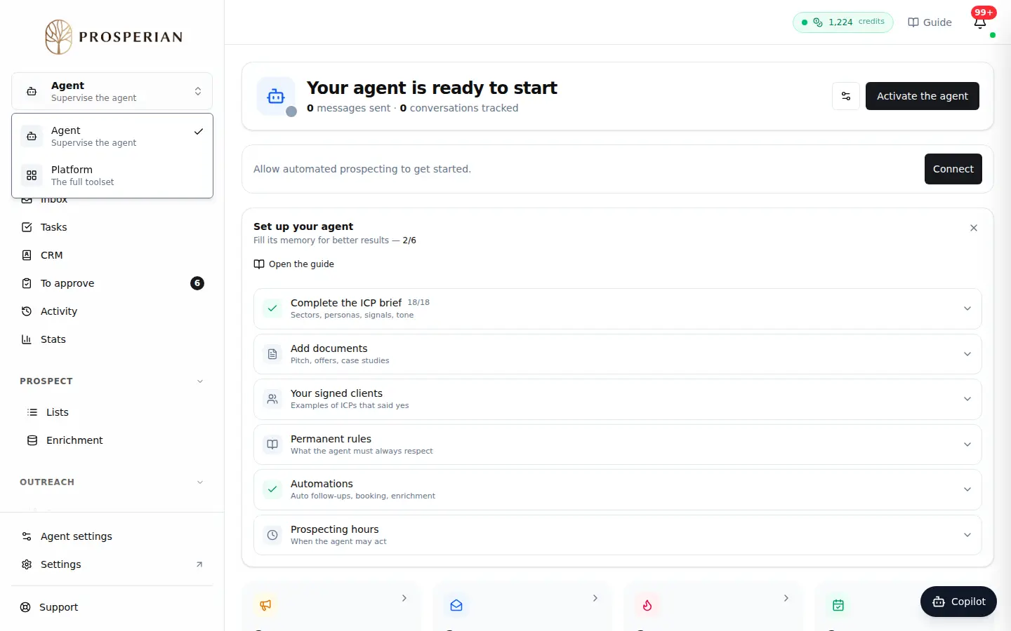 Step 1: At the top of the sidebar, click the workspace switcher, which shows Agent.