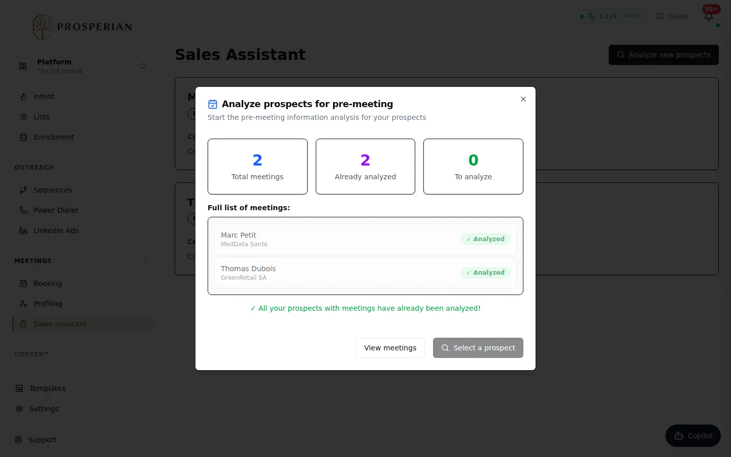 Step 1: Open Meetings ▸ Sales assistant and click Analyze new prospects.