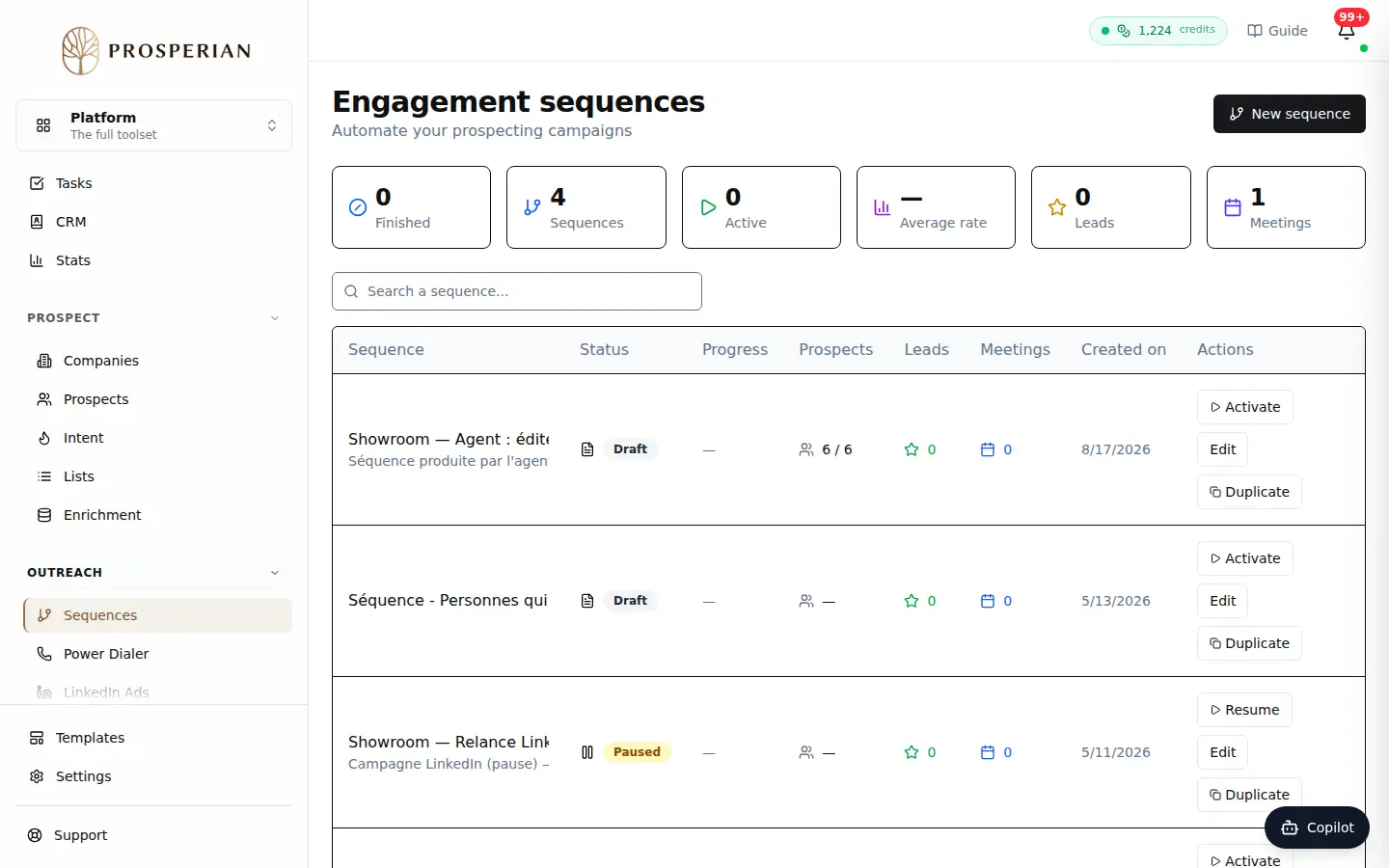 Step 1: Open Sequences and, in your sequence, add a Call Attempt block (category Phone) between your messages. Each prospect who reaches it gets a call task, on the planned day.