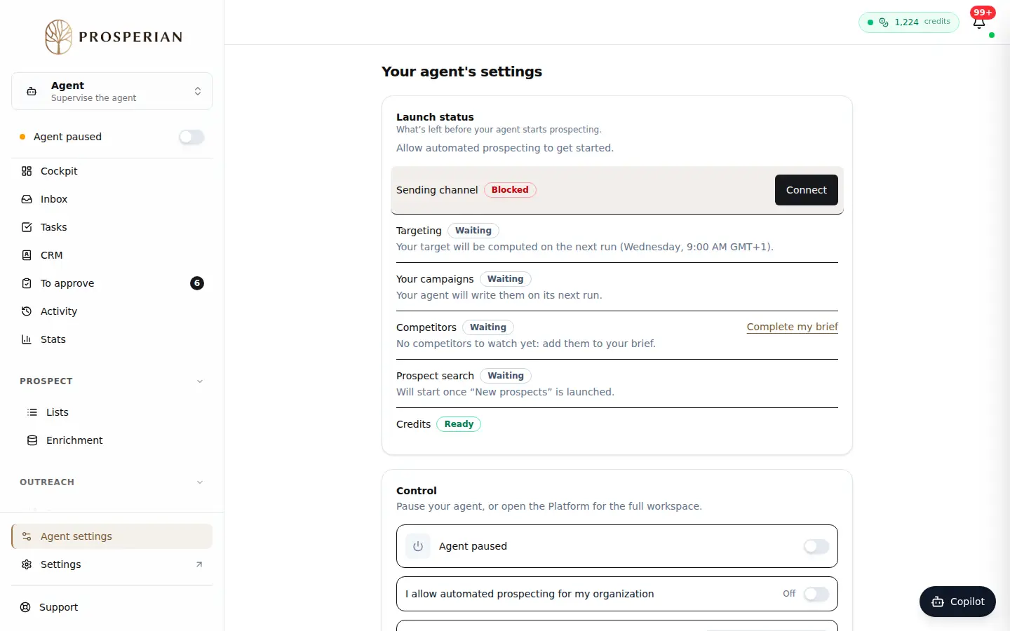 Step 1: In the Agent space, open Settings from the rail.