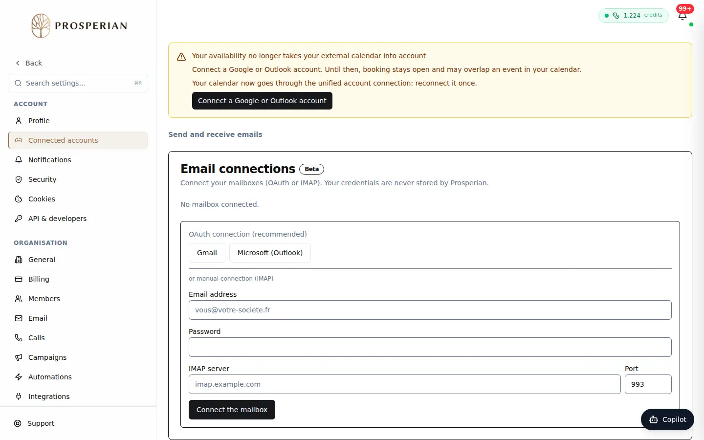 Step 1: Open Settings ▸ Connected accounts and go to the Send and receive emails section.