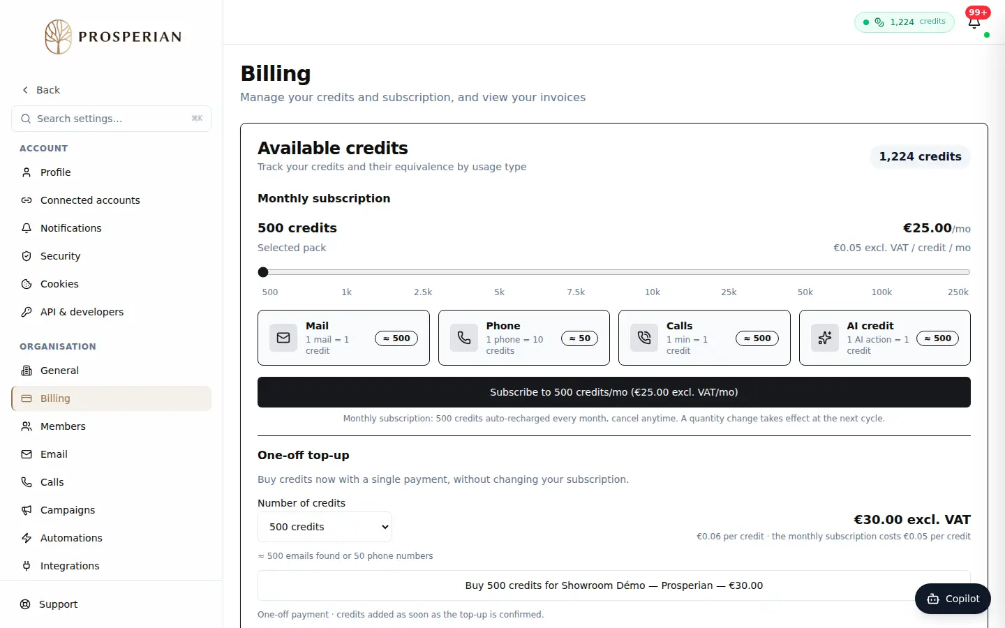Step 1: Open Settings ▸ Billing and read your available credits.