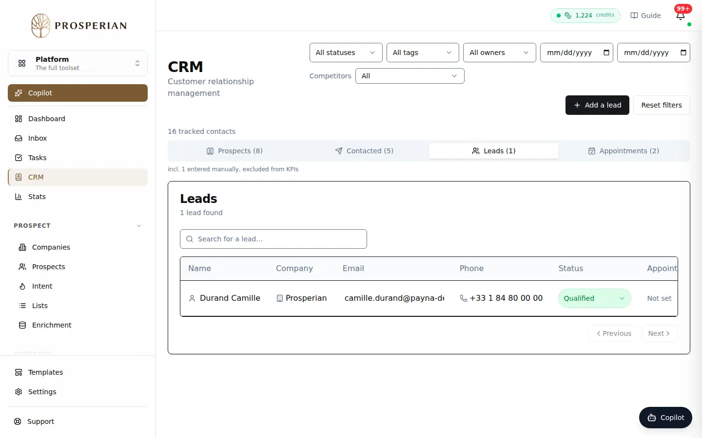 Step 1: Open CRM. The Prospects, Contacted, Leads and Appointments tabs sort your contacts by progress; the number in brackets gives their count.