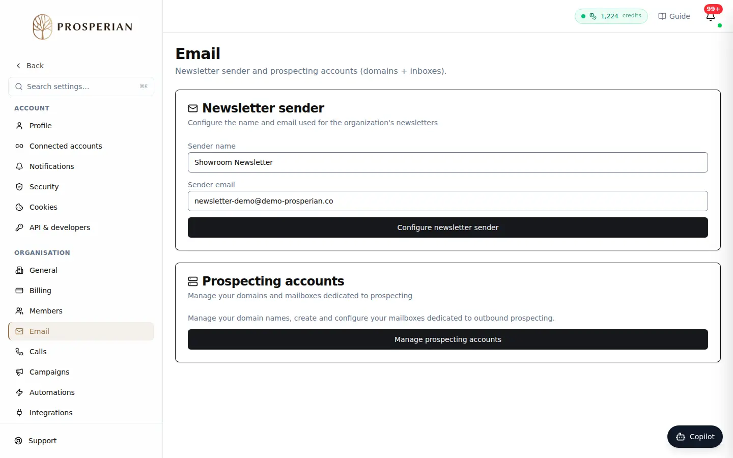 Step 1: Open Settings ▸ Email and click Manage prospecting accounts.