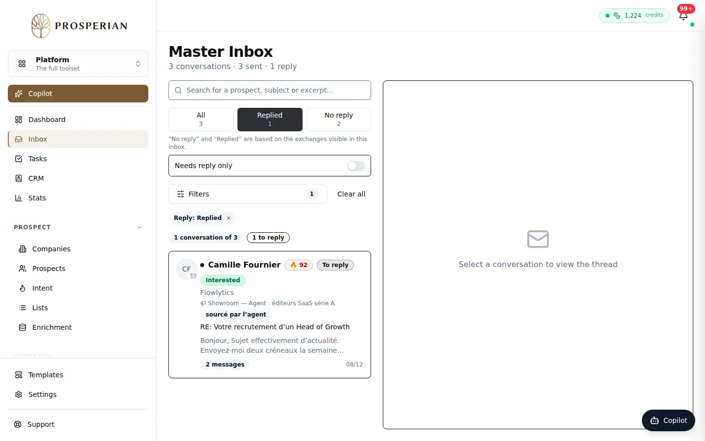 Step 1: Open Inbox and click the Replied filter to see only the conversations where the prospect replied.