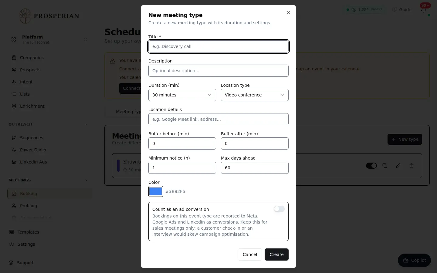 Step 1: Open Meetings ▸ Booking. In the Meeting types tab, click New type.
