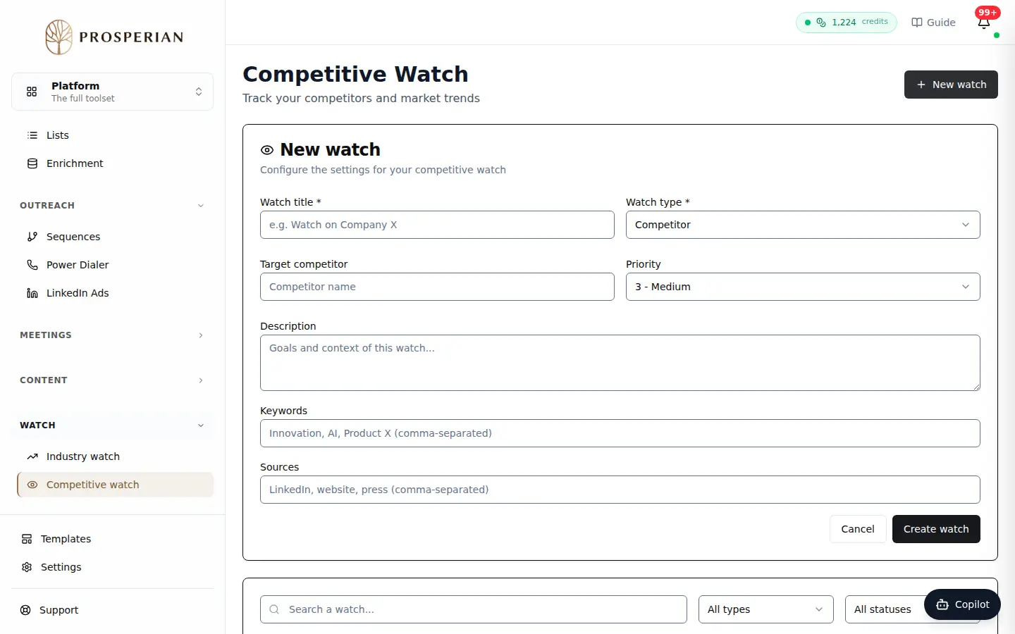 Step 1: Open Watch ▸ Competitive watch and click New watch.