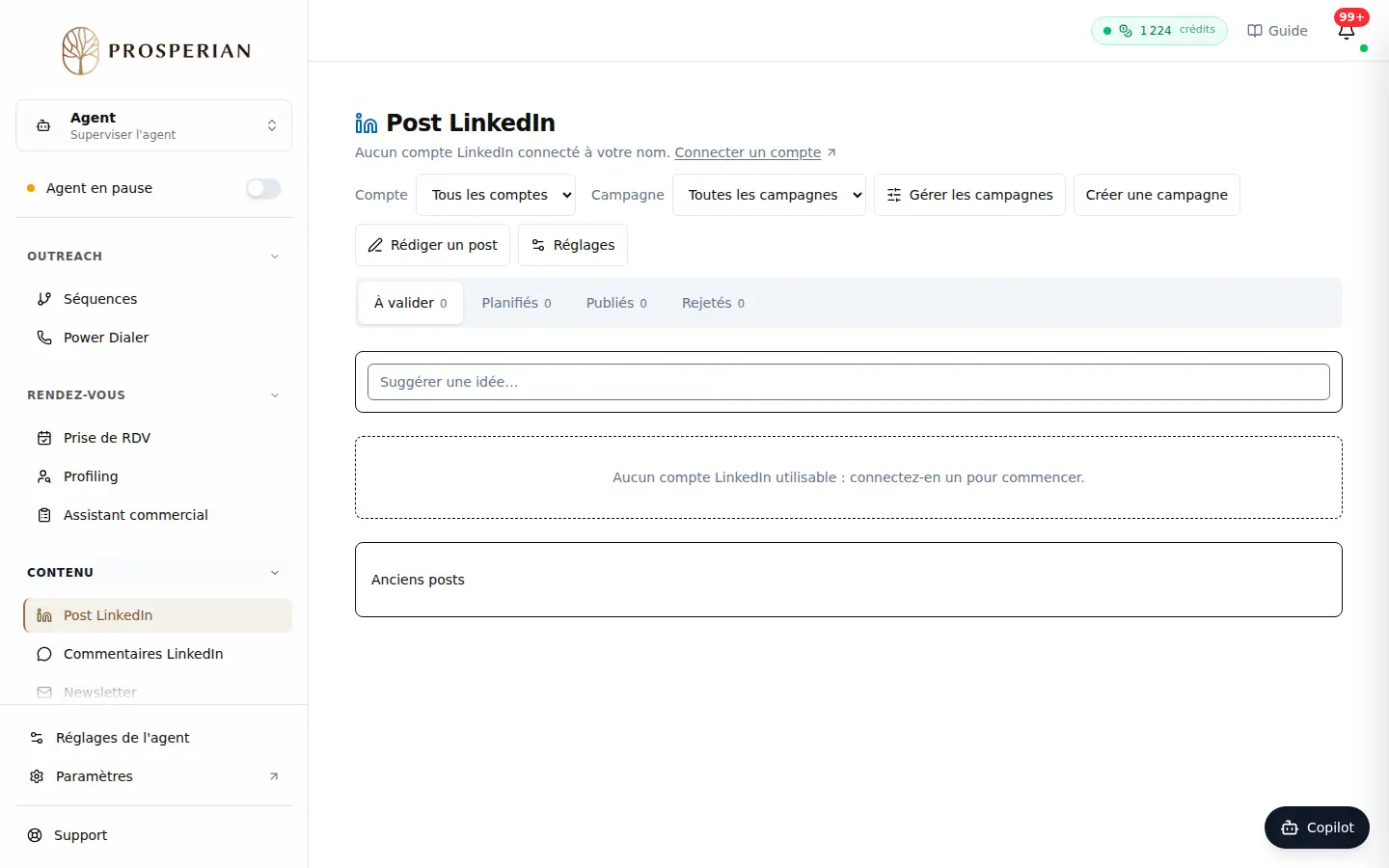 Étape 1 : Dans la section Contenu du menu, ouvrez Post LinkedIn. Pour une première campagne, cliquez sur Créer ma campagne : choisissez le compte qui publiera, décrivez votre offre et votre objectif. Ensuite, Créer une campagne, Gérer les campagnes et Rédiger un post sont en haut de l'écran.