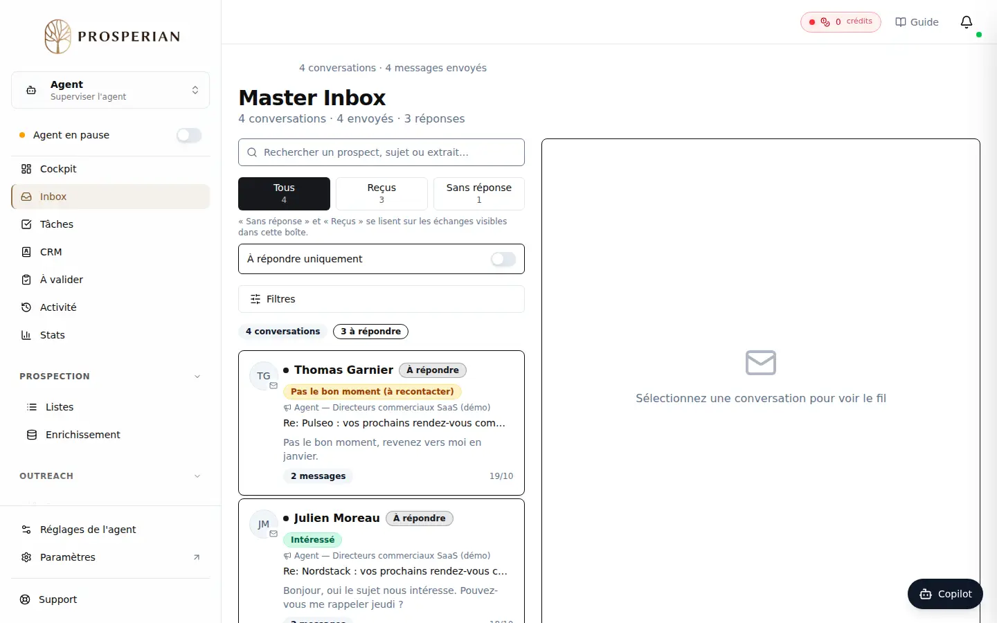 Étape 1 : Dans le menu de l'agent, ouvrez Inbox. La liste ne montre que les conversations des campagnes de votre agent.