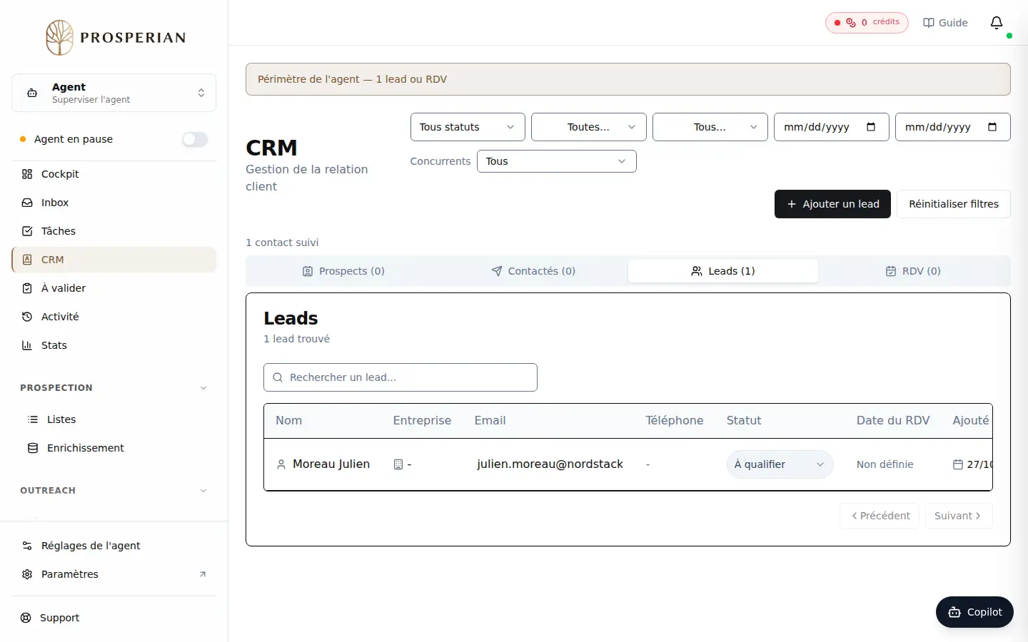 Étape 1 : Dans le menu de l'agent, ouvrez CRM.