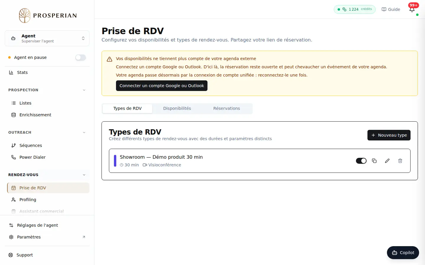 Étape 1 : Dans la section Rendez-vous du menu, ouvrez Prise de RDV. L'onglet Types de RDV liste vos types de rendez-vous.
