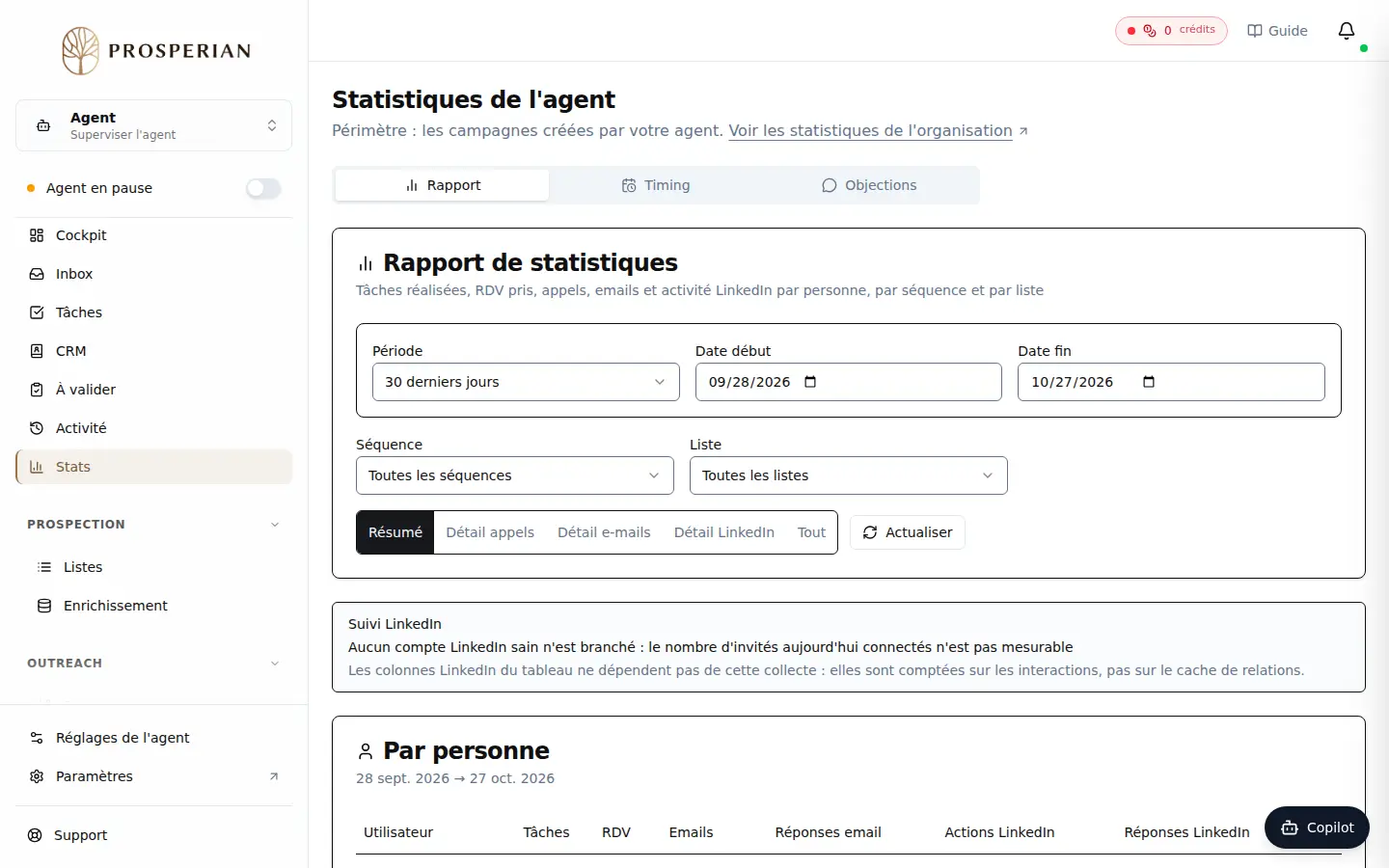 Étape 1 : Dans le menu de l'agent, ouvrez Stats. L'écran Statistiques de l'agent s'ouvre sur l'onglet Rapport : tâches réalisées, RDV pris, appels, e-mails et activité LinkedIn, par personne, par séquence et par liste.