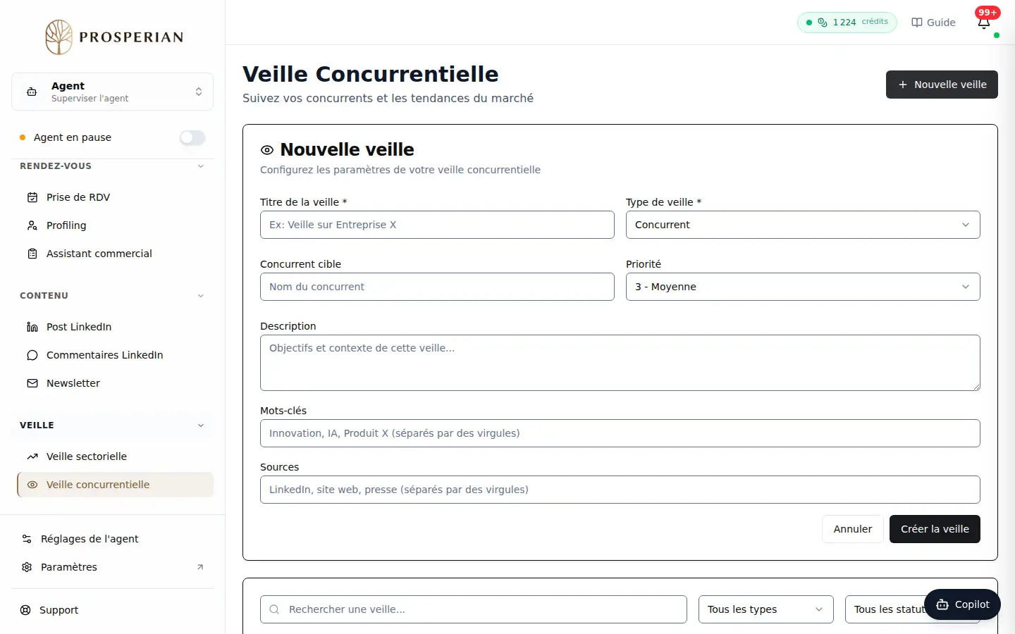 Étape 1 : Dans la section Veille du menu, ouvrez Veille concurrentielle et cliquez sur Nouvelle veille.