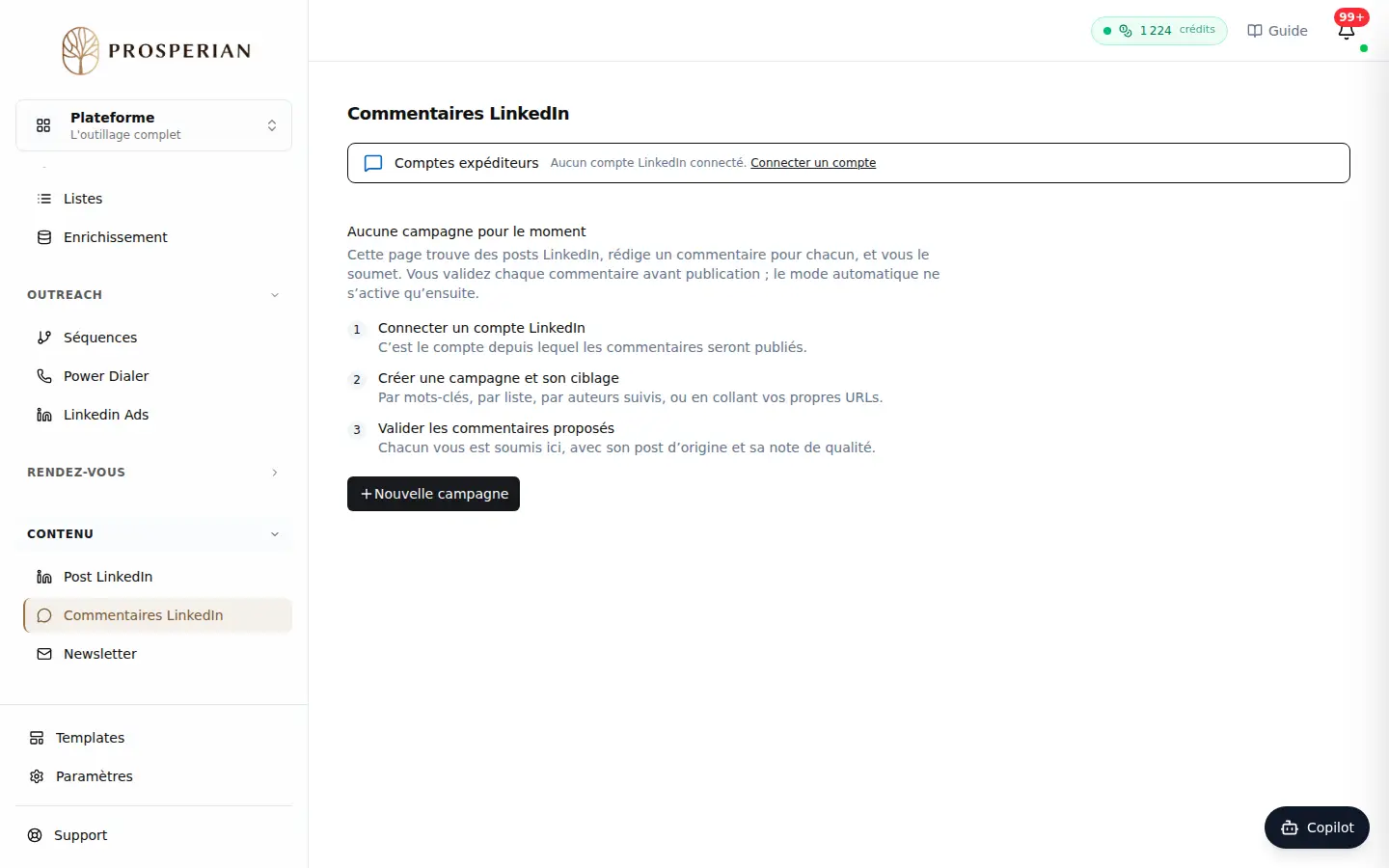 Étape 1 : Ouvrez Commentaires LinkedIn et vérifiez vos Comptes expéditeurs en haut de l'écran.