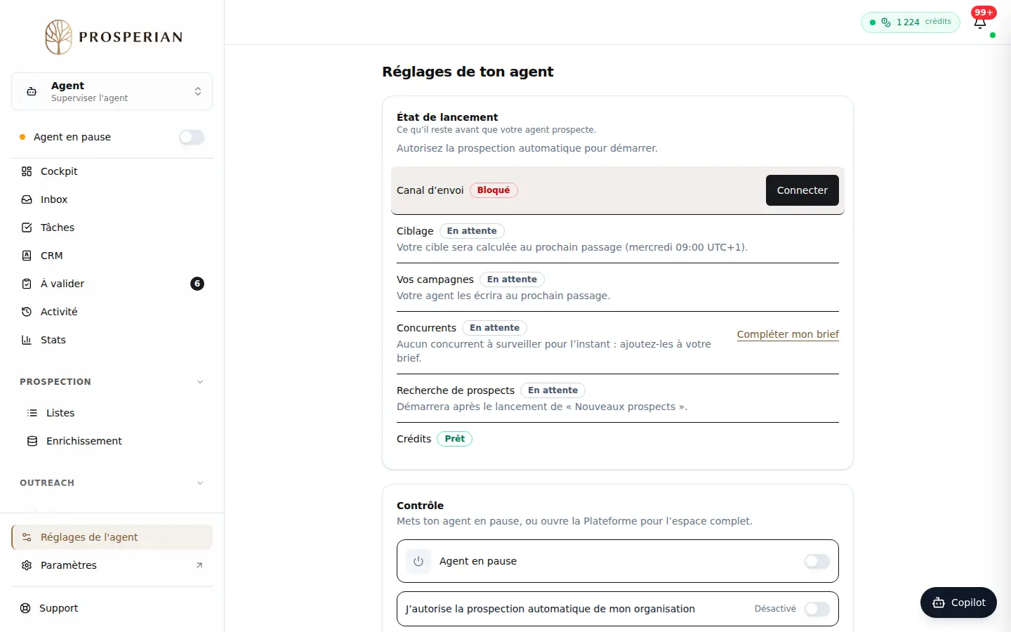 Étape 1 : Dans l'espace Agent, ouvrez Réglages depuis le rail.