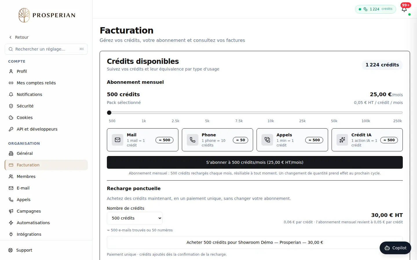 Étape 1 : Ouvrez Réglages ▸ Facturation et lisez vos crédits disponibles.