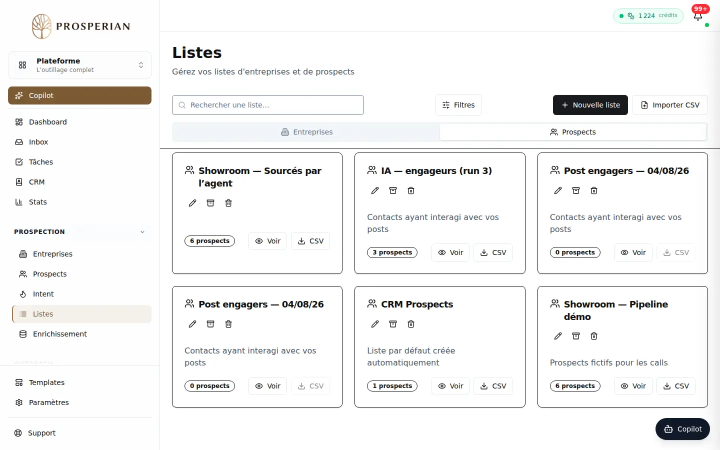 Étape 1 : Ouvrez Listes dans la Plateforme et restez sur l'onglet Prospects.