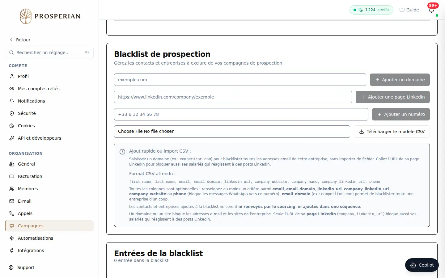 Étape 1 : Ouvrez Réglages ▸ Campagnes et descendez jusqu'à Blacklist de prospection.