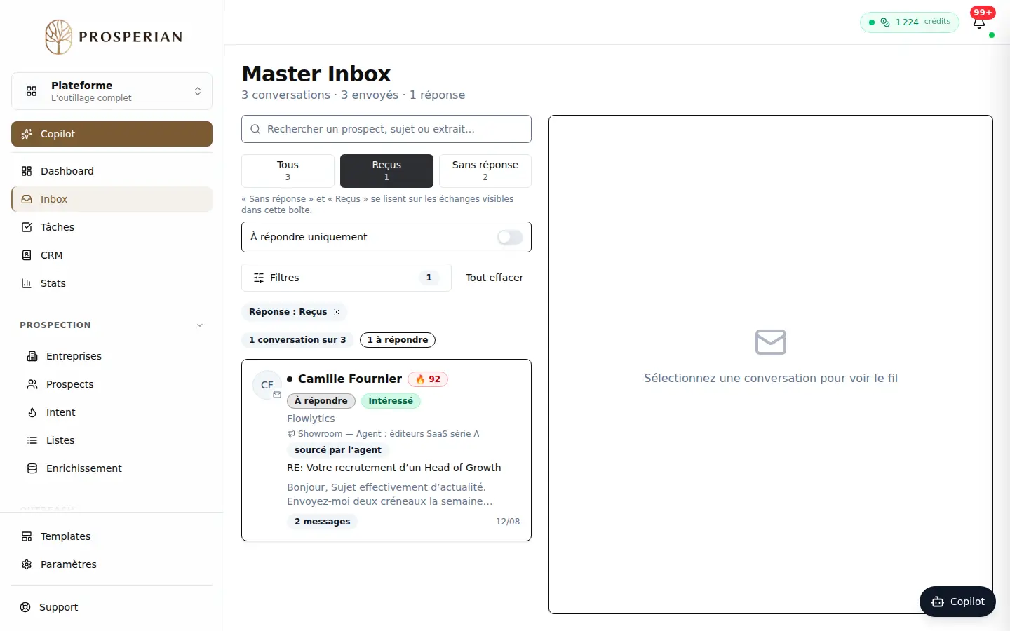Étape 1 : Ouvrez Inbox et cliquez sur le filtre Reçus pour ne voir que les conversations où le prospect a répondu.