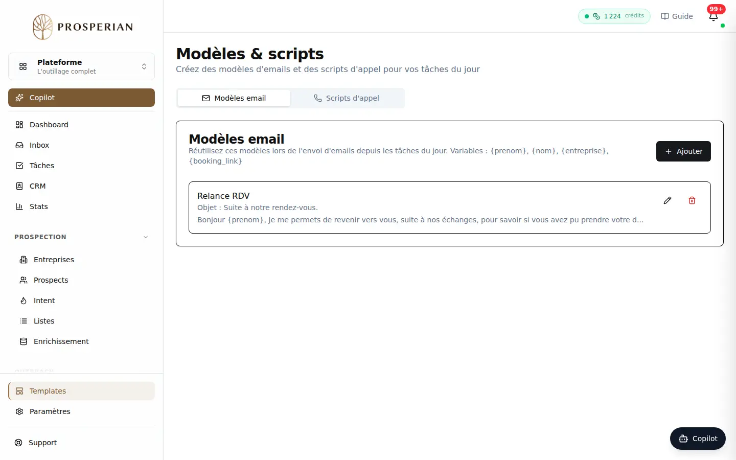 Étape 1 : Ouvrez Templates et choisissez l'onglet Modèles email ou Scripts d'appel.