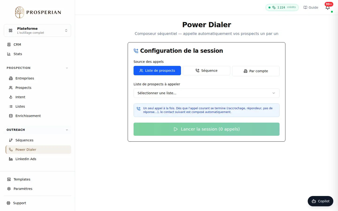Étape 1 : Ouvrez Power Dialer et choisissez la Source des appels : Liste de prospects ou Séquence.