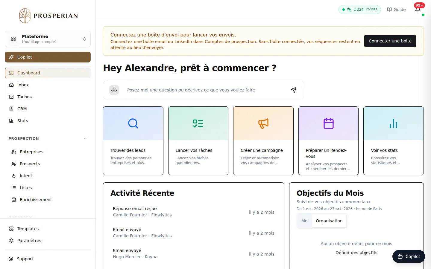 Étape 1 : Le sélecteur d'espace, en haut du rail, indique si vous êtes dans l'Agent ou dans la Plateforme, et permet d'en changer.