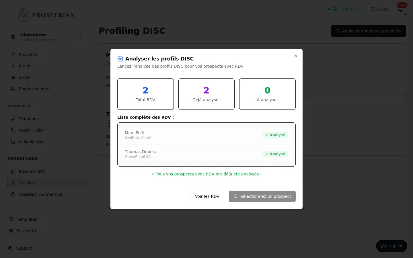 Étape 1 : Ouvrez Rendez-vous ▸ Profiling et cliquez sur Analyser nouveaux prospects.