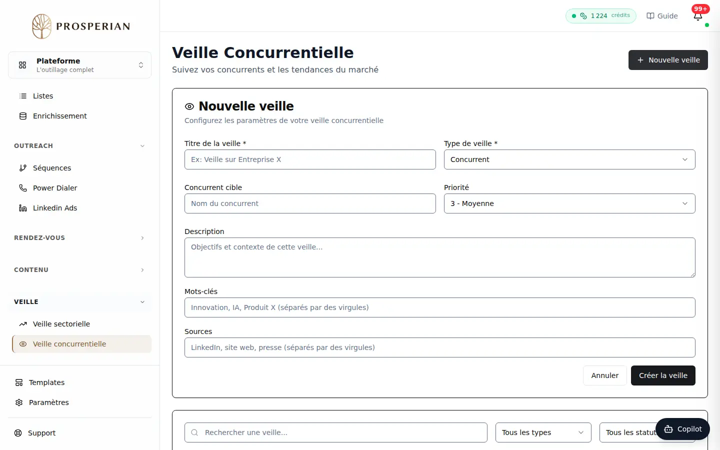 Étape 1 : Ouvrez Veille ▸ Veille concurrentielle et cliquez sur Nouvelle veille.